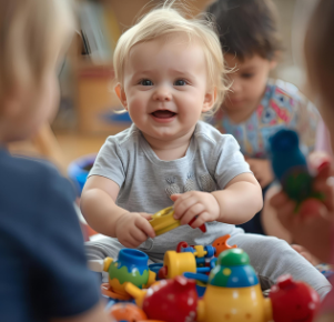 Happy smiling baby with toy